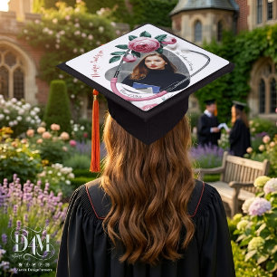 Modern Floral Pink Roses Stethoscope Graduation  Cap Topper