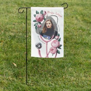 Modern Floral Pink Roses Stethoscope Graduation  Garden Flag