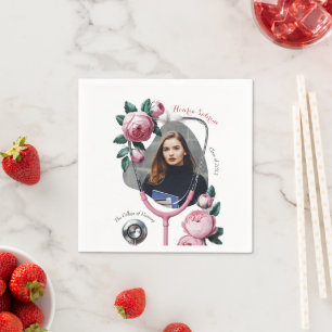 Modern Floral Pink Roses Stethoscope Graduation Napkins
