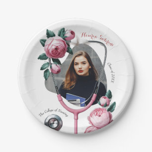 Modern Floral Pink Roses Stethoscope Graduation Paper Plates