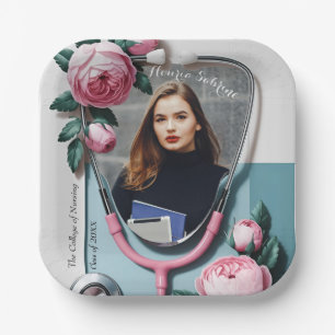 Modern Floral Pink Roses Stethoscope Graduation Paper Plates