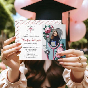 Modern Floral Pink Roses Stethoscope Graduation Postcard