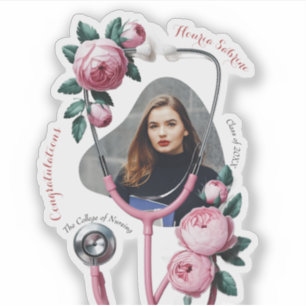 Modern Floral Pink Roses Stethoscope Graduation Sticker