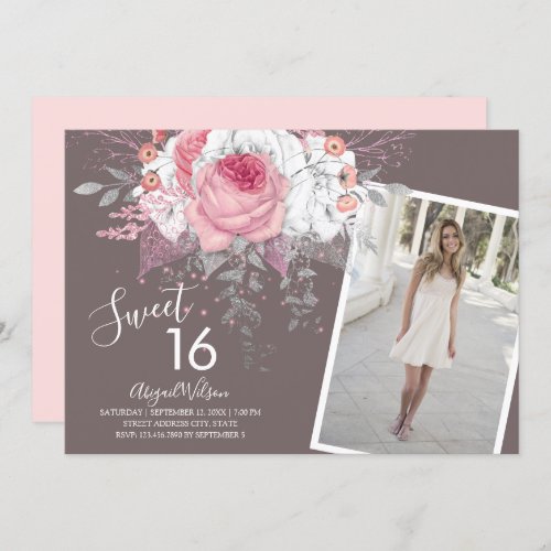 Modern floral pink sweet sixteen birthday party invitation