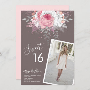 Modern floral pink sweet sixteen birthday party invitation