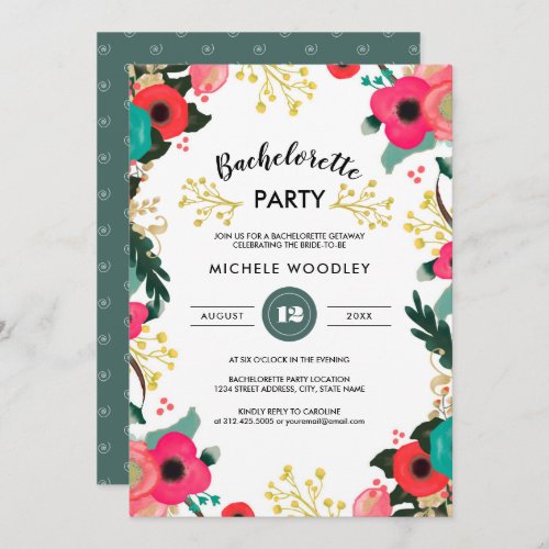 Modern Floral Pink Teal Bachelorette Party  Invitation