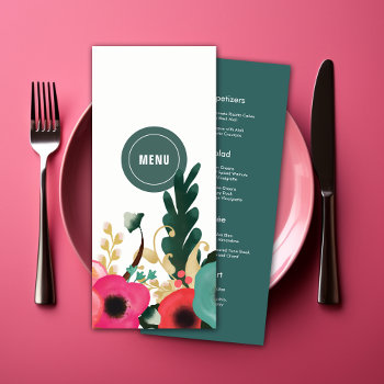 Modern Floral Pink Teal Wedding Menu Card by YourWeddingDay at Zazzle