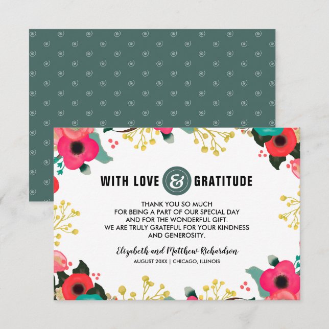 Modern Floral Pink Teal Wedding Thank You Card (Front/Back)