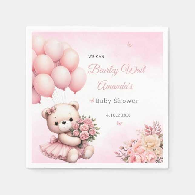 Modern floral Pink Teddy Bear Girl Baby Shower  Napkins (Front)