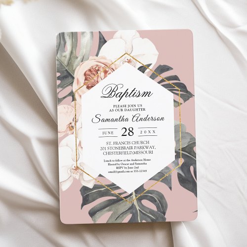 Modern Floral Pink Tropical Leaves  Orchid  Invitation