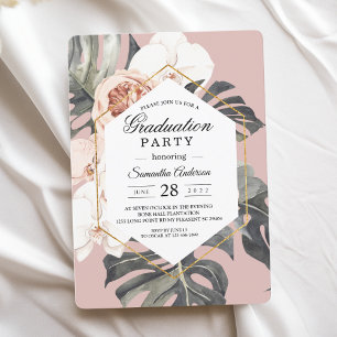 Modern Floral Pink Tropical Leaves & Orchid Invitation