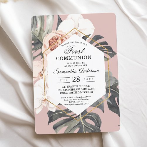 Modern Floral Pink Tropical Leaves  Orchid  Invitation
