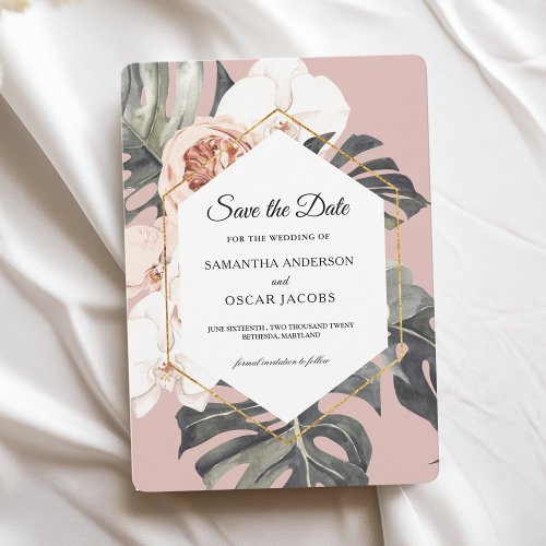 Modern Floral Pink Tropical Leaves  Orchid  Save The Date