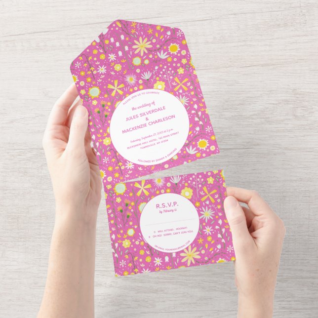 Modern Floral Pink Wedding All In One Invitation (Tearaway)