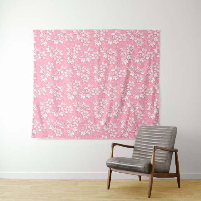 Modern Floral Pink White Glass Tapestry (In Situ (Horizontal))