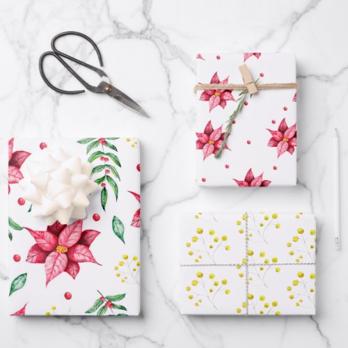 Modern Floral Poinsettia Watercolor Christmas Wrapping Paper Sheets