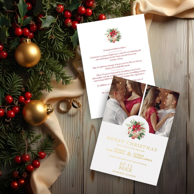 Modern Floral Poinsettias Bouquet Christmas Photos Foil Invitation (Modern Floral Poinsettias Bouquet Christmas 2 Photos Collage Elegant Metallic Foil Save the Date.)
