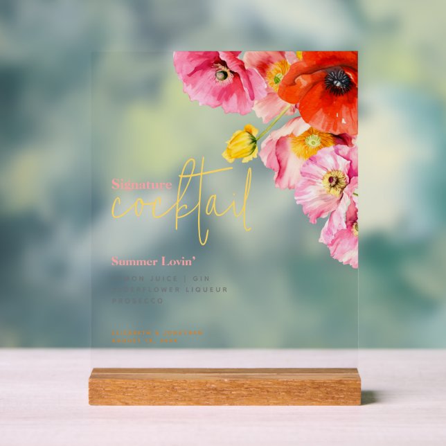 Modern Floral Poppy Signature Cocktail  Acrylic Sign (Neutral)