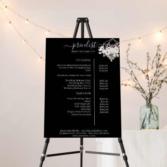 Modern, floral price list foam board (In Situ (Stand))