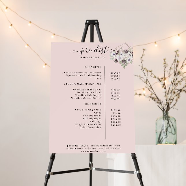 Modern, floral price list foam board (In Situ (Stand))