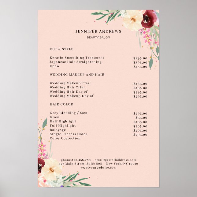 Modern Floral Price List Poster (Front)