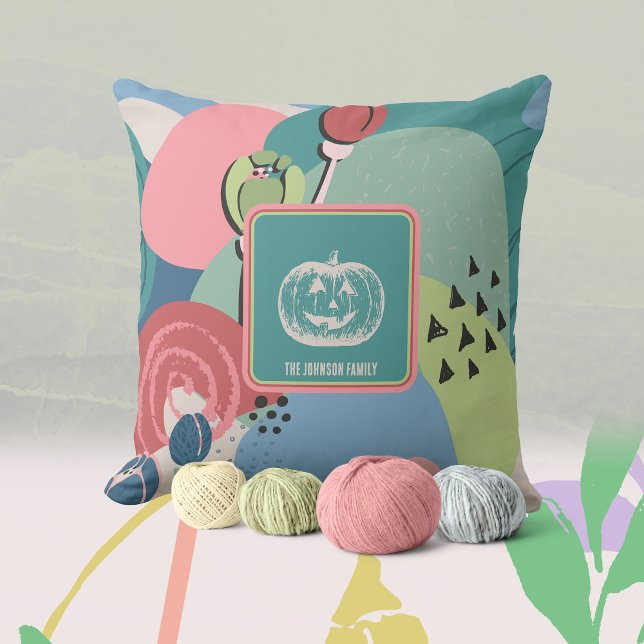 Modern Floral Pumpkin Fall Accent Pillow (Muted Teal Pink Green Fall Pumpkin Floral Throw Pillow ©Susanne Sachers - Sunny Mind Design 🌞)