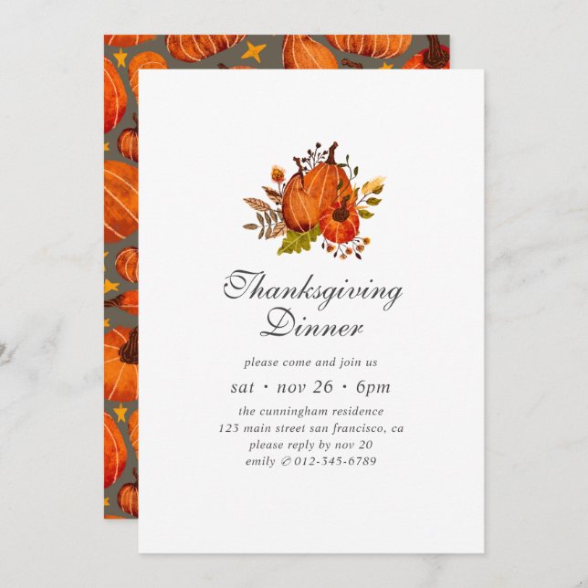 Modern Floral Pumpkin Pattern Thanksgiving Invitation (Front/Back)