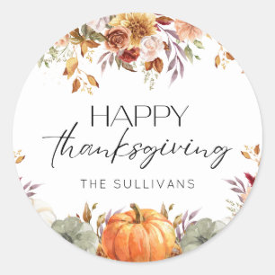 Modern Floral Pumpkin Rustic Happy Thanksgiving Classic Round Sticker