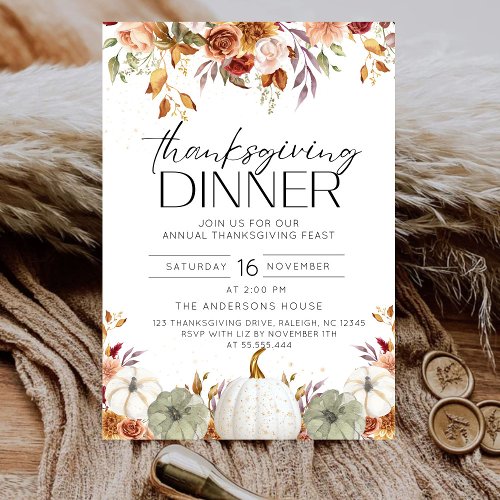 Modern Floral Pumpkin Rustic Thanksgiving Dinner Invitation