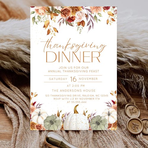 Modern Floral Pumpkin Rustic Thanksgiving Dinner Invitation