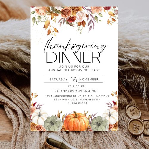 Modern Floral Pumpkin Rustic Thanksgiving Dinner Invitation