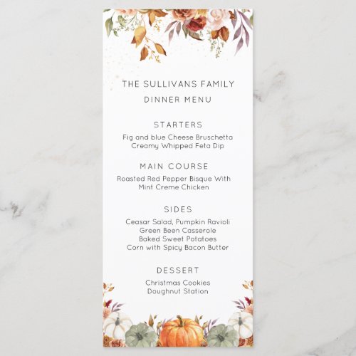 Modern Floral Pumpkin Rustic Thanksgiving Dinner Menu