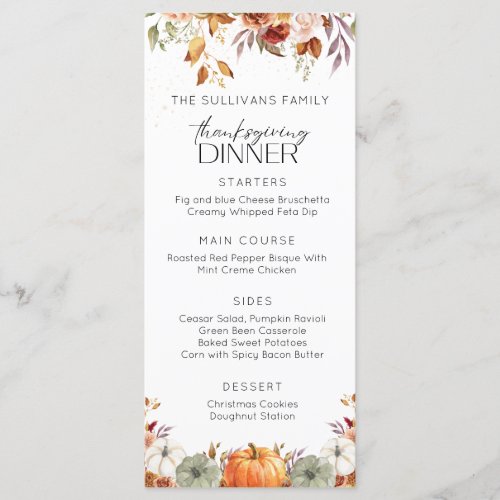 Modern Floral Pumpkin Rustic Thanksgiving Dinner Menu