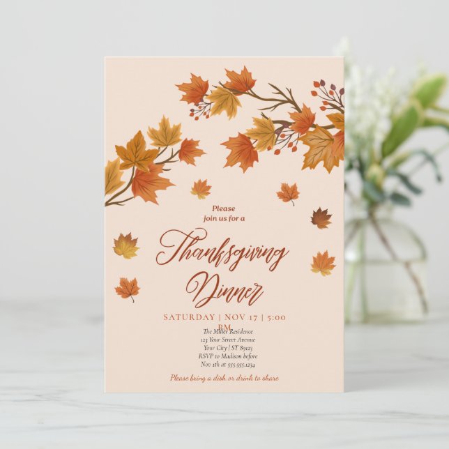 Modern Floral Pumpkin Thanksgiving Dinner Invitation (Standing Front)