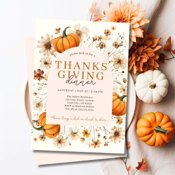 Modern Floral Pumpkin Thanksgiving Dinner Invitation by HappyPeoplePrints at Zazzle