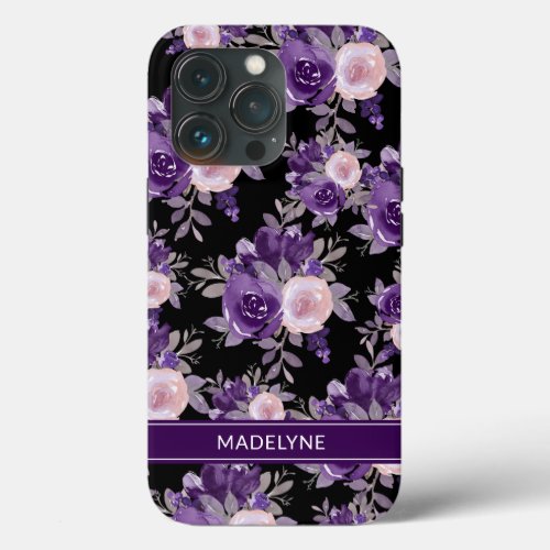Modern Floral Purple Black iPhone 13 Pro Case