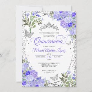 Modern Floral Purple Glam Silver Tiara Quinceañera Invitation