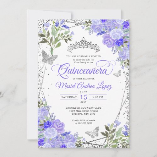 Modern Floral Purple Glam Silver Tiara Quinceaera Invitation