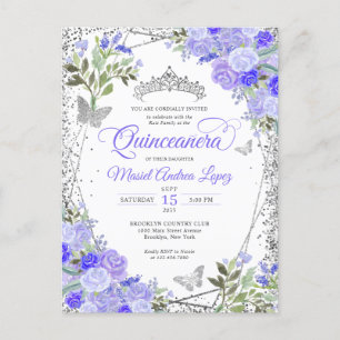 Modern Floral Purple Glam Silver Tiara Quinceañera Postcard