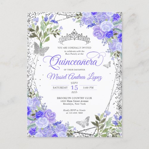 Modern Floral Purple Glam Silver Tiara Quinceaera Postcard