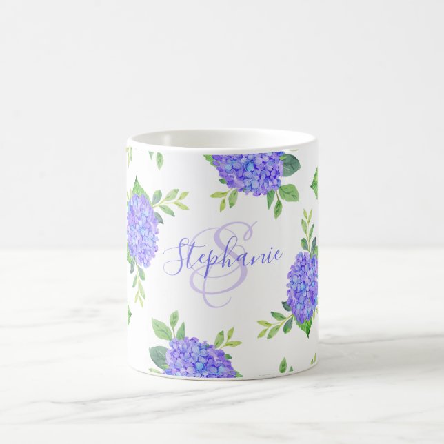 Modern Floral Purple Hydrangea Watercolor Monogram Coffee Mug (Center)