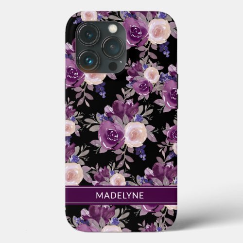 Modern Floral Purple Mauve Black iPhone 13 Pro Case