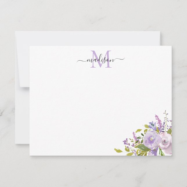 Modern Floral Purple Pink Roses Greenery Monogram Note Card (Front)