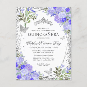 Modern Floral Purple Silver Gray Tiara Quinceañera Postcard