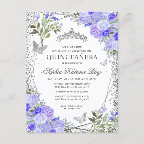 Modern Floral Purple Silver Gray Tiara Quinceaera Postcard