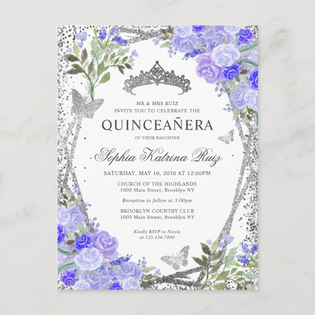 Modern Floral Purple Silver Gray Tiara Quinceañera Postcard (Front)