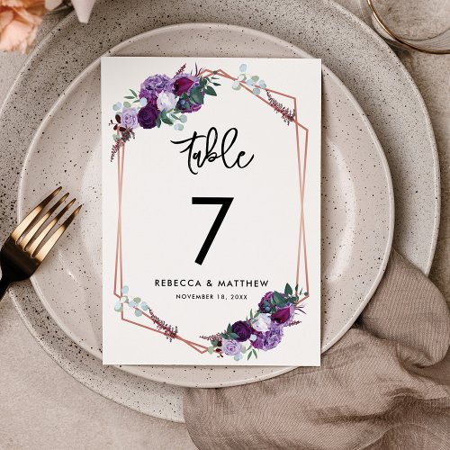 Modern Floral Purple Wedding Reception Table Number