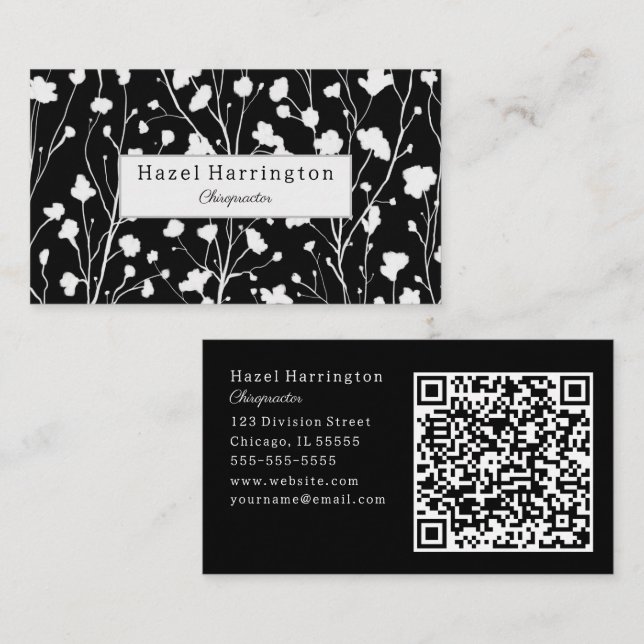 Modern Floral QR Business Card Black and White (Front/Back)