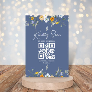 modern floral qr code blue nova wedding menu card
