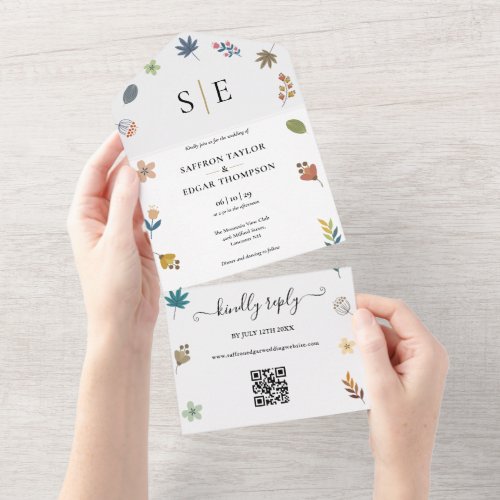 Modern Floral QR Code Elegant Monogram Wedding All In One Invitation